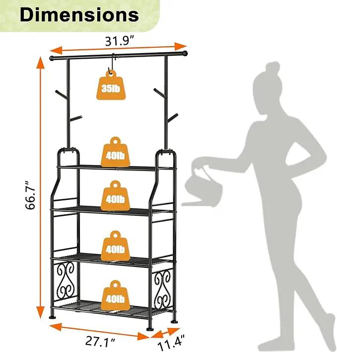 GIOTORENT Plant Stand Indoor Outdoor, 4-Tier Heavy Duty Metal Shelves, Display up to 17 Multiple Plants, Tall Plant Holder with Plant Hanger, Suit for Patio Living Room Garden Balcony, 5 Hooks, Black by GreenHaven Gardens