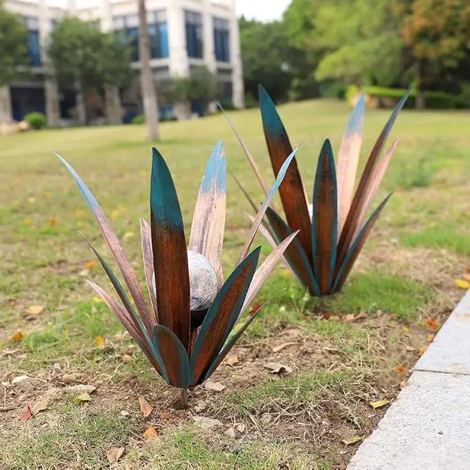 Metal Agave Plant Garden Art, 2 Pack Big Tequila Rustic Sculpture, Rustic Metal Agave Plants Garden Lawn Home Ornaments, for Yard Stakes, Garden Figurines, Outdoor Patio (2 PCS Colorful with Light) by GreenHaven Gardens