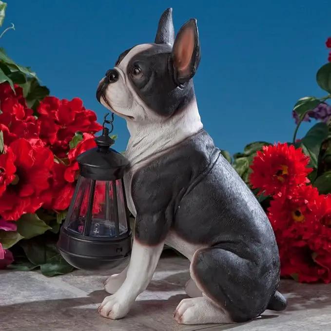 Bits and Pieces - Boston Terrier Solar Lantern Statue - Yard Decorations - Solar Powered Garden Lantern - Resin Dog Sculpture - Outdoor LED Lighting by GreenHaven Gardens