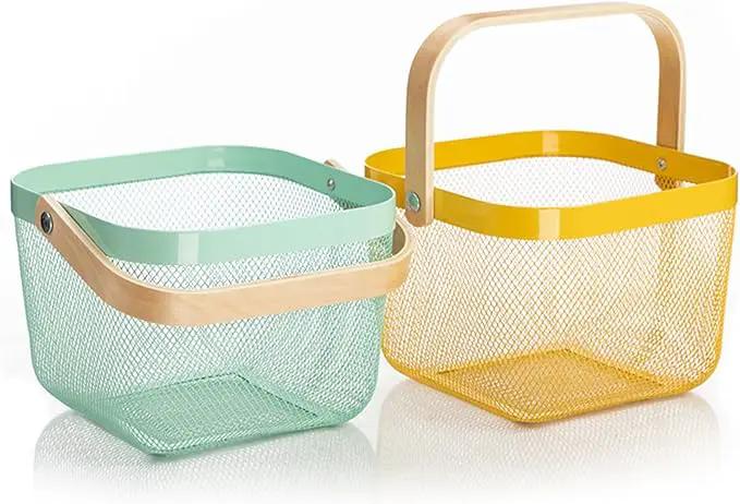 Metal Mesh Steel Basket, Storage Organizer Basket Multi-functional Hanging Kitchen Baskets Fruit Baskets with Wooden Handle for Kitchen Bathroom Picnic Shopping Decor Cabinet Home, Yellow by GreenHaven Gardens