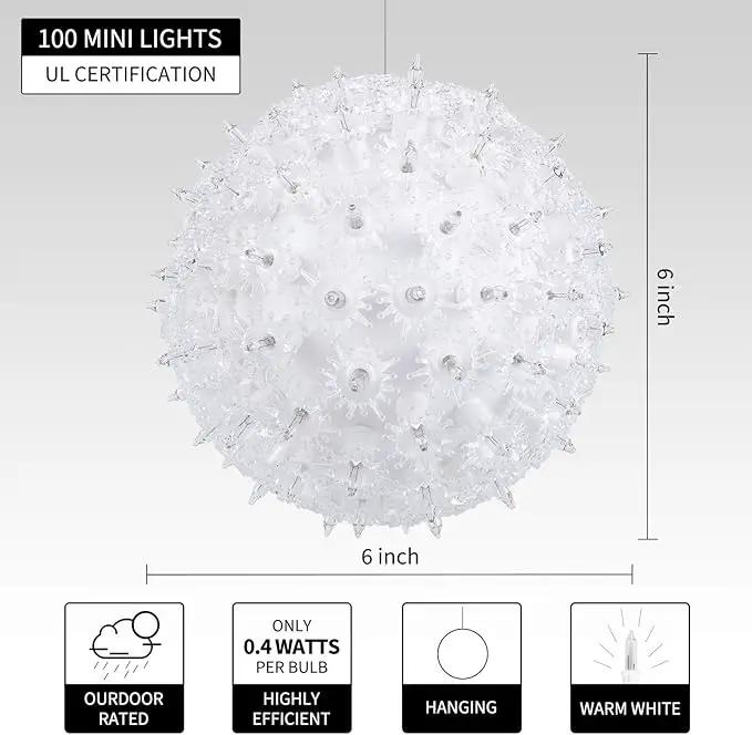 Brightown 6” Christmas Lights Ball Outdoor Sphere Lights 100 Replaceable LED Bulbs Plug in for Xmas Indoor Party Wedding Home Commercial Decorations by GreenHaven Gardens