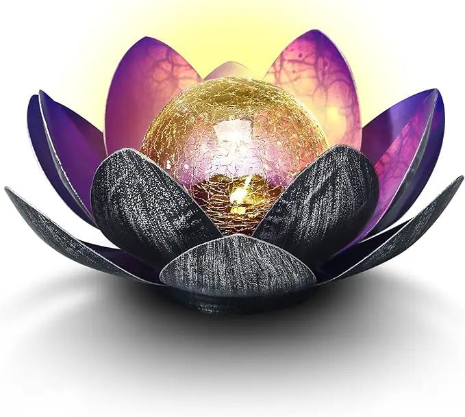 WNP Solar Powered Outdoor Decorative Lights Waterproof Lotus Flower with Crackle Glass Globe and Metal Base for Garden Patio Pathway Yard Tabletop Decor,Birthday Gift for Mom Sister Grandma by GreenHaven Gardens