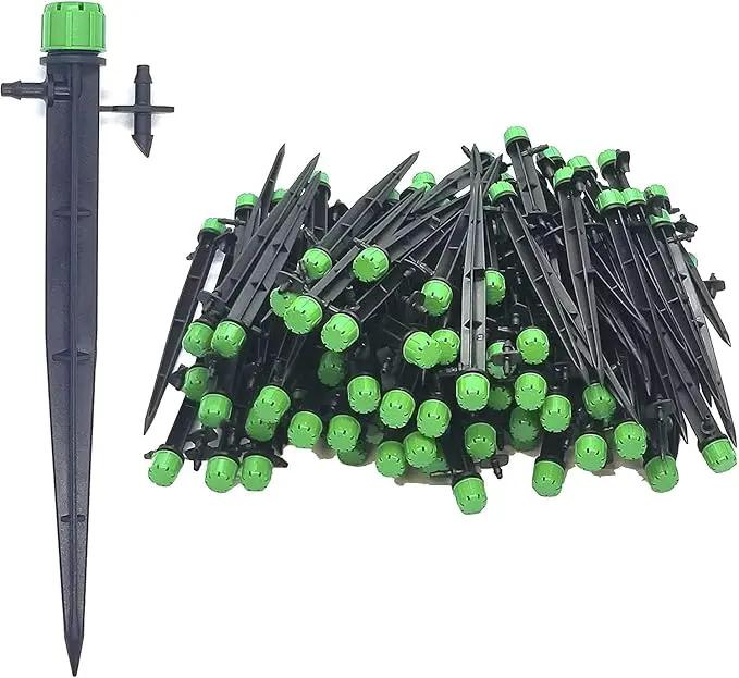 (100-PACK) - 1/4" Inch Universal 360* Degree Drip Emitter On 5" Stake - Adjustable Flow 0-18.5 GPH Fit 1/4 (4-7mm) Drip Irrigation Tubing - Professional Grade Drippers for Drip Irrigation by GreenHaven Gardens