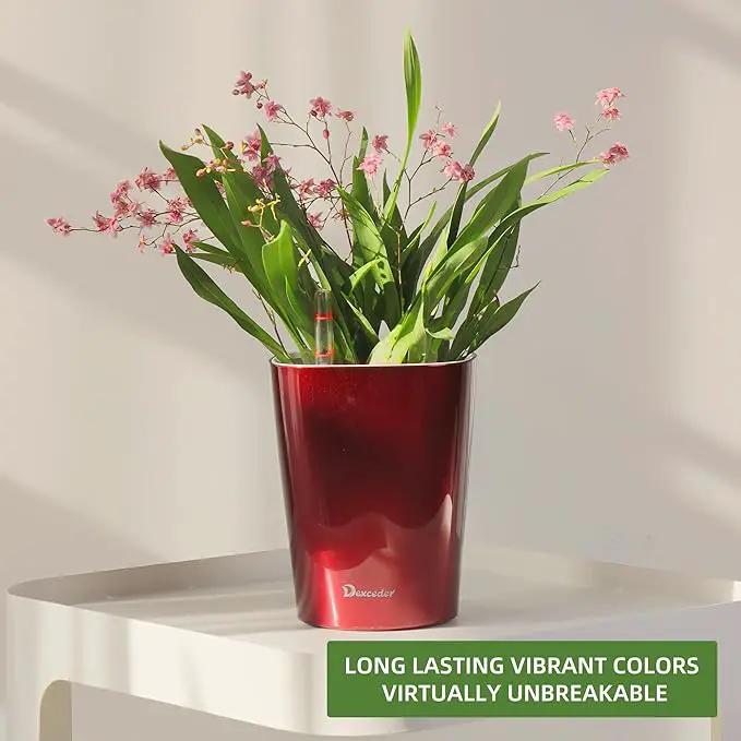 Dexceder 6x7 Self Watering Planter Indoor Outdoor, High Gloss Table Flower Plant Pot with Water Level Indicator (Wine Red) by GreenHaven Gardens