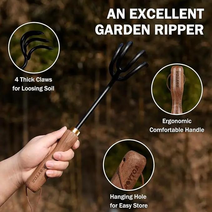 Hand Cultivator Rake, Ergonomic Small Garden Rake with Walnut Handle & 4 Durable Tines, Garden Tools for Weeding, Digging and Cultivating by GreenHaven Gardens