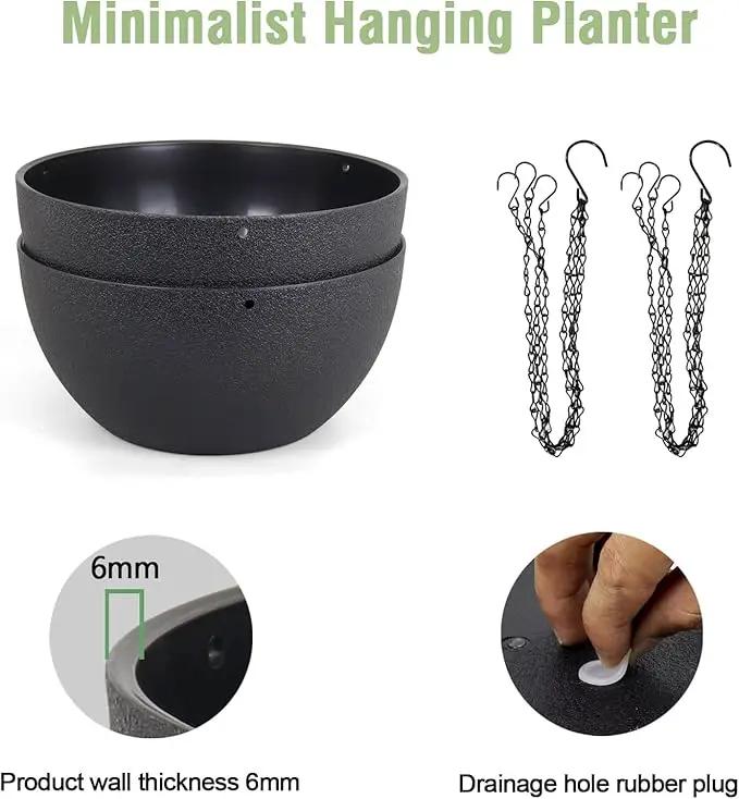 12 inch Large Hanging Planters for Indoor Outdoor Plants, 2 Pack Hanging Flower Pots with Drainage Holes and Chain for Garden Porch Plants, Plastic Hanging Baskets for House Plants, Black by GreenHaven Gardens