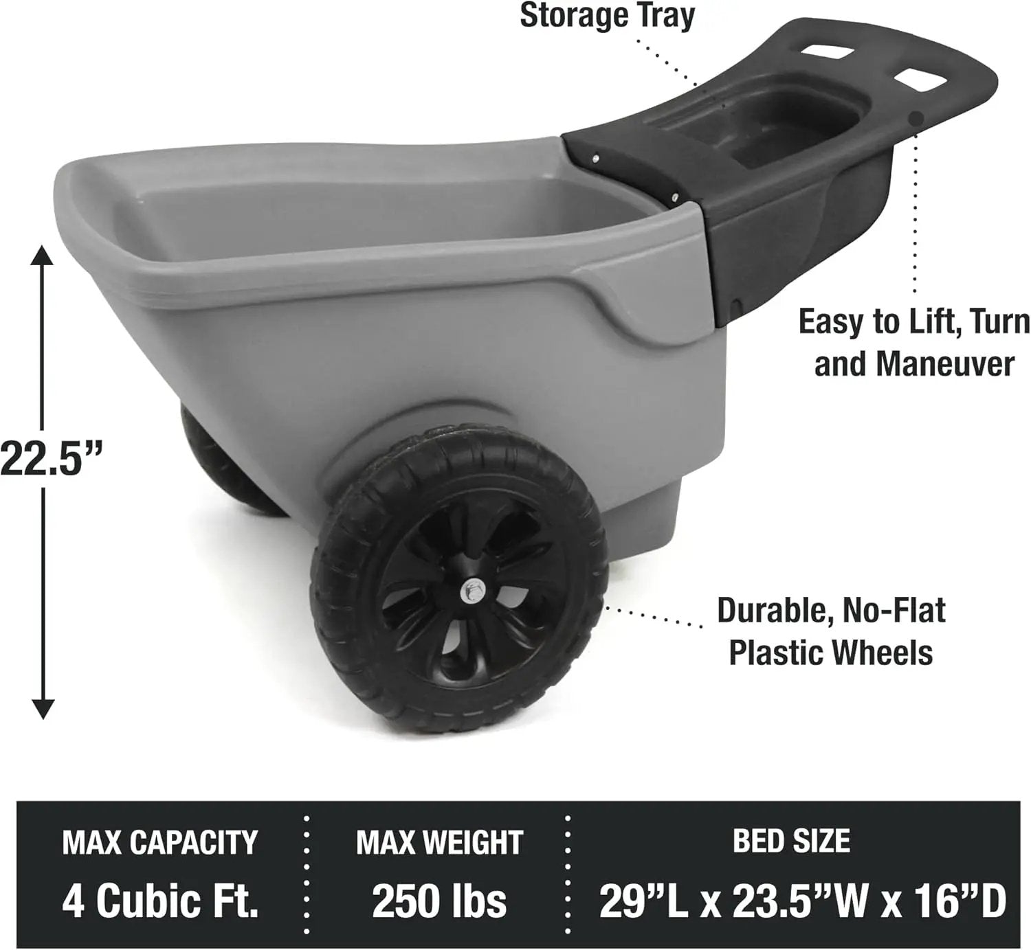 Simplay3 Easy Haul Durable Wheelbarrow with Garden Tool Storage Tray - Large Easy Turn Wheels - Gray - Made in USA by GreenHaven Gardens