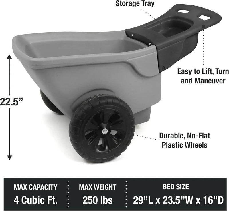 Simplay3 Easy Haul Durable Wheelbarrow with Garden Tool Storage Tray - Large Easy Turn Wheels - Gray - Made in USA by GreenHaven Gardens