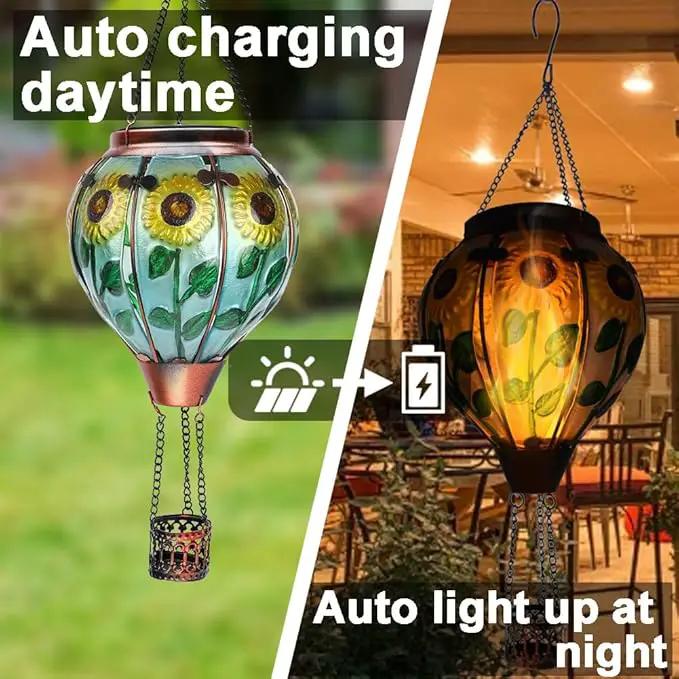 2PC Hot Air Balloon Solar Lantern with 2PC Shepherd Hook, Flickering Flame Hanging Solar Lanterns Outdoor Lights Waterproof Lanterns Decorative Garden Patio Yard Party Decor (Sunflower) by GreenHaven Gardens