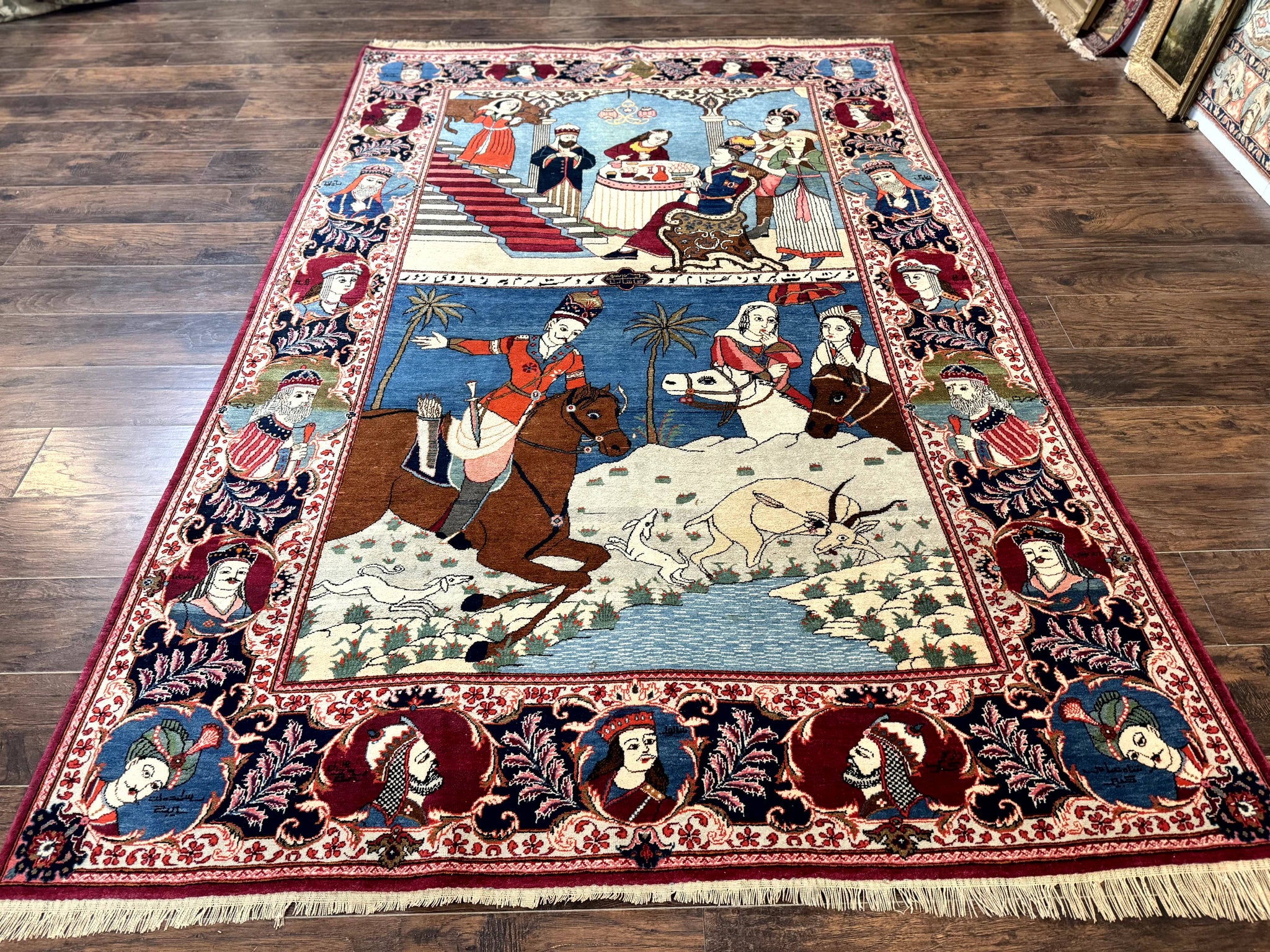 Rare Persian Kashan Pictorial Rug 6x9, King Bahram Hunting Scene, Persian Kings, Hand Knotted Persian Rug for Wall Hanging, Antique, Wool by Jewel Rugs