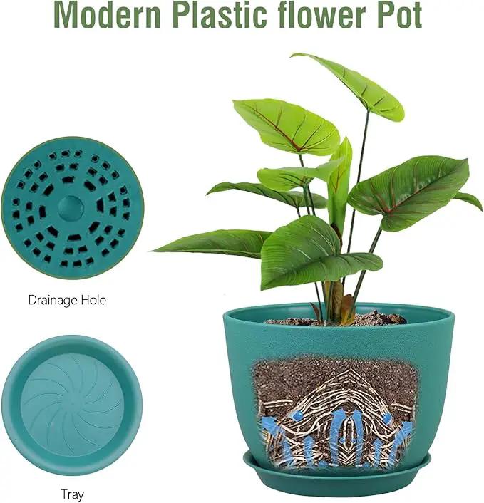 Plant Pots 12 inch, Plastic Planters with Drainage Holes and Saucers, Large Flower Pots for Indoor Outdoor Plants, Modern Decorative Pots for Garden House Plants, Blue Green by GreenHaven Gardens