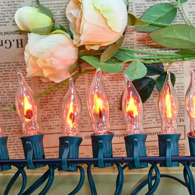 12.8Ft C7 Christmas Lights Flickering Flame String Lights with 12 Pack Clear Flame E12 Light Bulbs(2 Spare), Great for Christmas Decorations Indoor Outdoor Home Patio Party Lights, Green Wire by GreenHaven Gardens