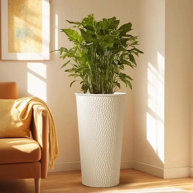 KOL 25" H. Metal Hand-Hammered Planters with Inner Pots 2-Pack, White Decor Planter for Deck, Patio, Porch - Galvanized Steel Handcrafted Flower Pot - w/Water Level Indicator - Indoor Outdoor Use by GreenHaven Gardens