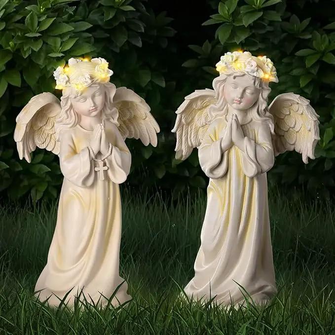 2pcs Angel Garden Statue, Warm Light Solar Garden Decor,Waterproof Outdoor Garden Decor Praying Angel Figurine Sculpture for Mom or Birthdays, Lawn Yard Patio, Sympathy Gift, White by GreenHaven Gardens