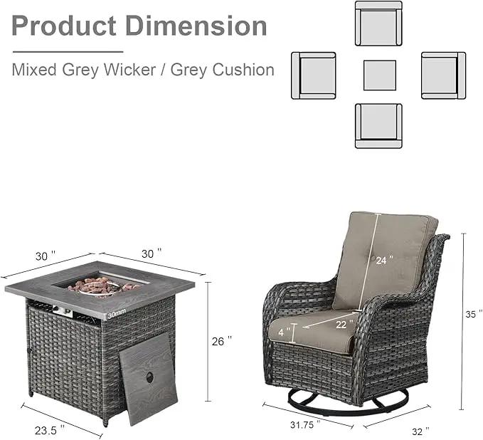 5 Pieces Patio Wicker Furniture Set - 4 Outdoor Swivel Rocker Glider Chairs with Propane Fire Pit Table, Patio Conversation Set Grey Cushion Perfect for Casual Gathering by GreenHaven Gardens