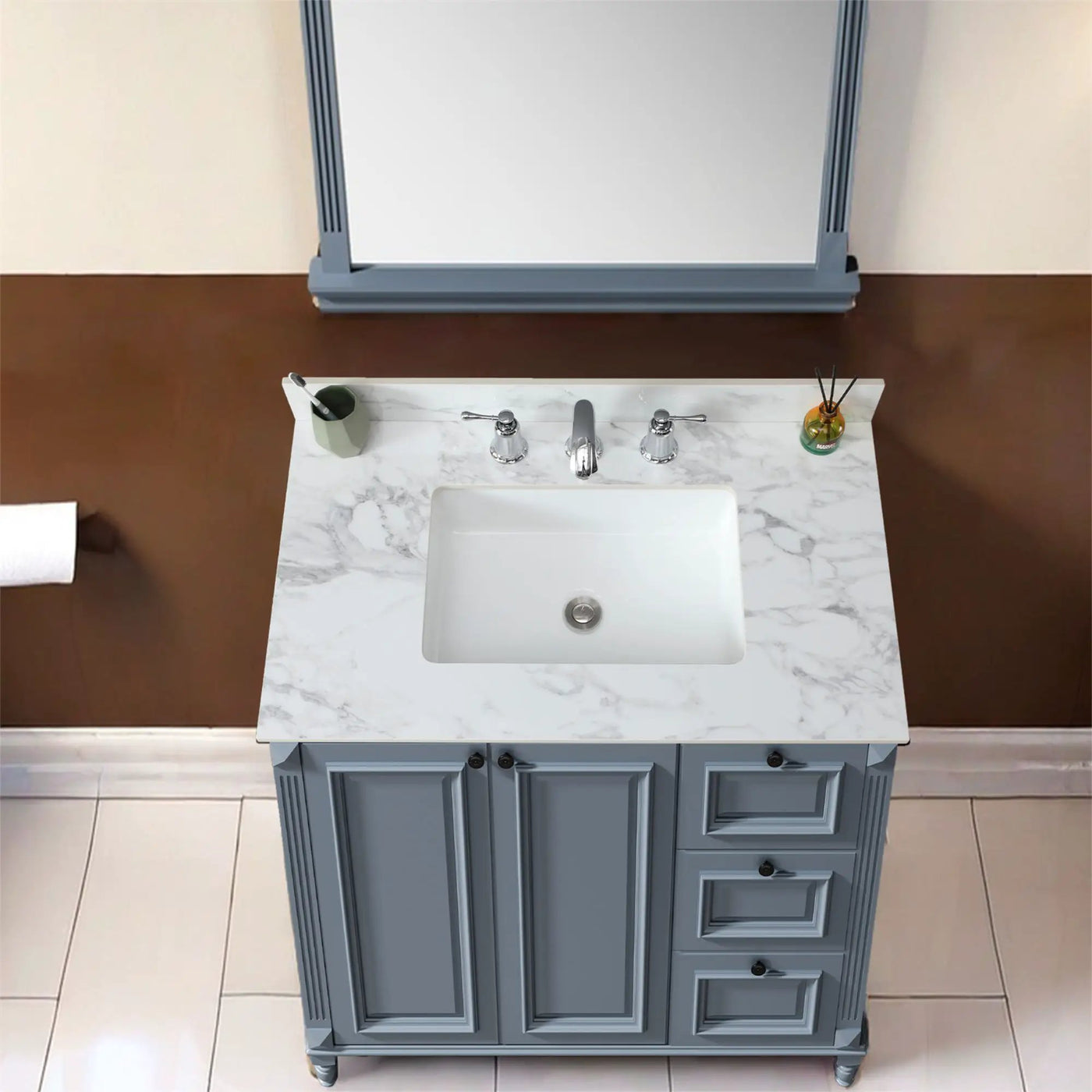 Elegant Sintered Stone Bathroom Vanity Top With Rectangular Undermount Ceramic Sink by HouseOfZazla