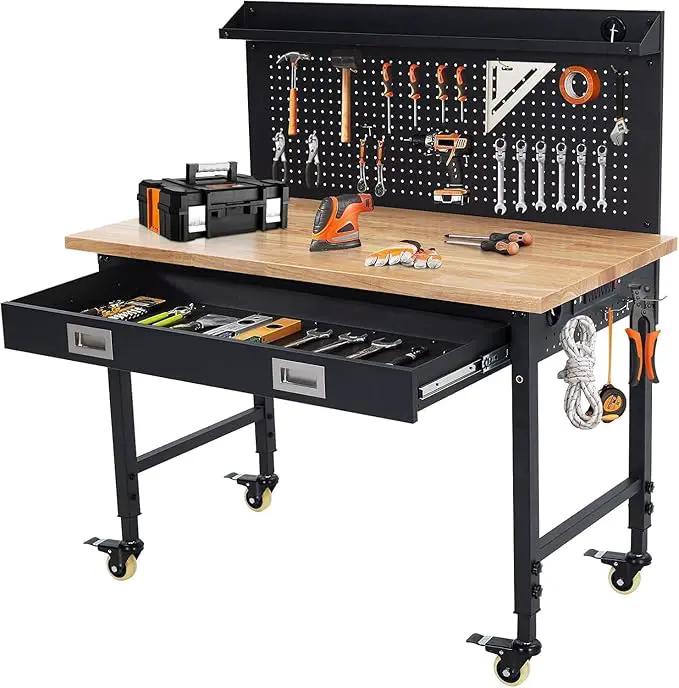 48'' Adjustable Workbench on Wheels, 2000LBS Heavy Duty Worktable with Power Outlets & Drawers & Pegboard, Rubberwood Workstation for Workshop, Garage, Office, Home by GreenHaven Gardens
