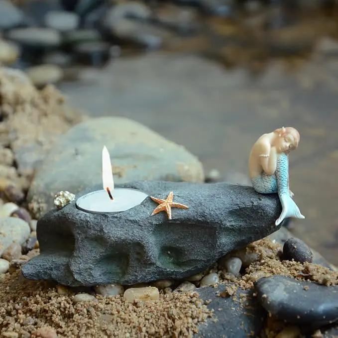 Top Collection Miniature Fairy Garden and Terrarium Statue, Mermaid Resting on Stone T-Light Candle Holder by GreenHaven Gardens