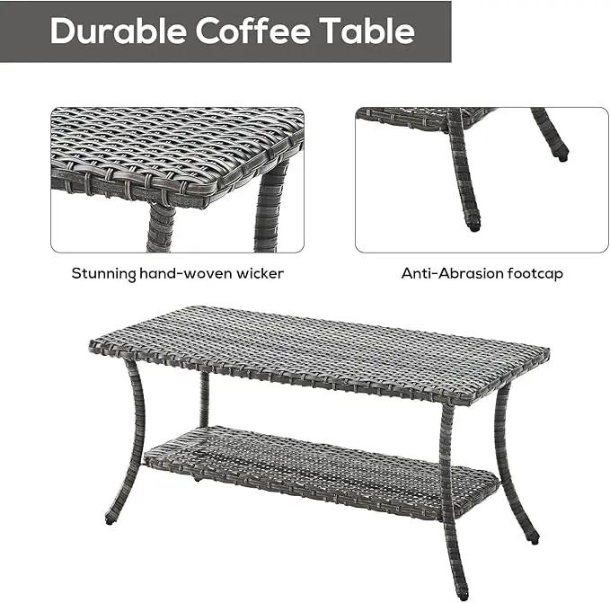 Patio Tables Outdoor Coffee Table - Wicker Rattan Coffee Tables with 2-Tier Storage Shelf Side Table for Porch Deck Balcony Garden Outside Rectangle Mixed Grey by GreenHaven Gardens