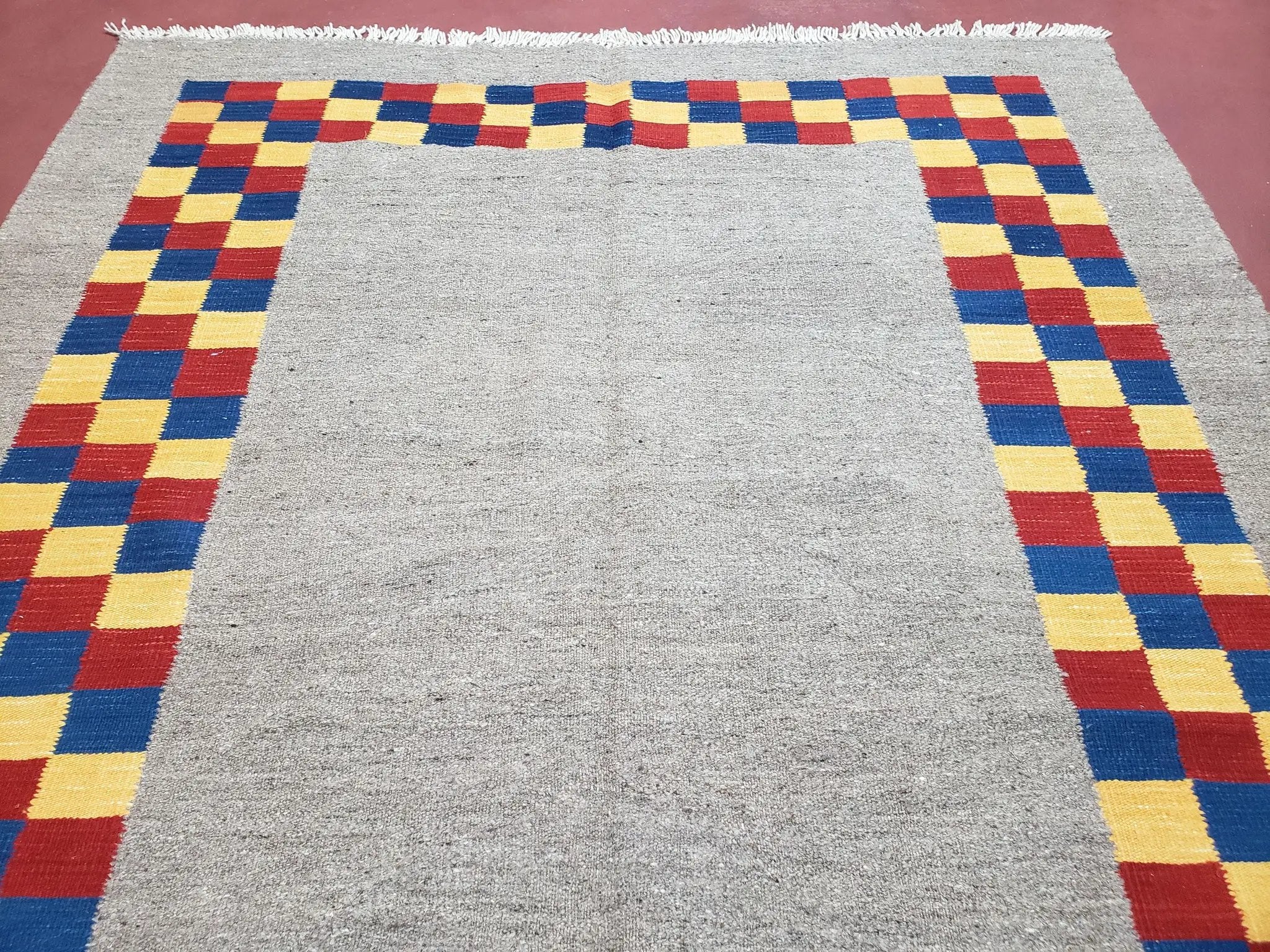 New Turkish Kilim Area Rug, Gray Carpet With Colorful Checker Border, 5'6" x 8", Flatweave Carpet, Playroom Rug, Kids Room Rug, Hand-Knotted by Jewel Rugs