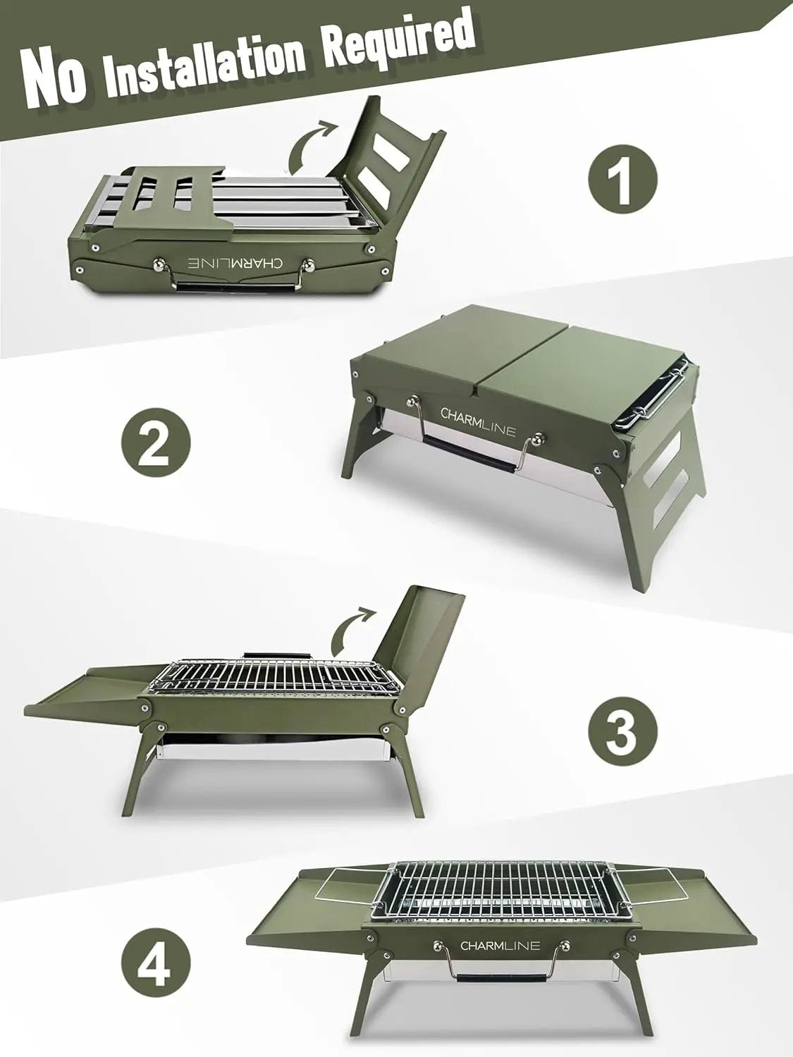 Charmline 14x9inch Small Foldable Portable Charcoal Grill, Compact Portable Grill for Outdoor, Charcoal Grills for Camping, Picnics, Gardens and Beach Parties, Liftable Grilling Net, Green by GreenHaven Gardens