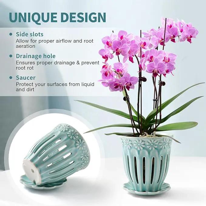 5" Ceramic Orchid Pot with Holes | Crackle Glazed Pot with Drainage and Separate Saucer | Ideal Plant Pot for Repotting Orchids and Other Flowers (Blue) by GreenHaven Gardens