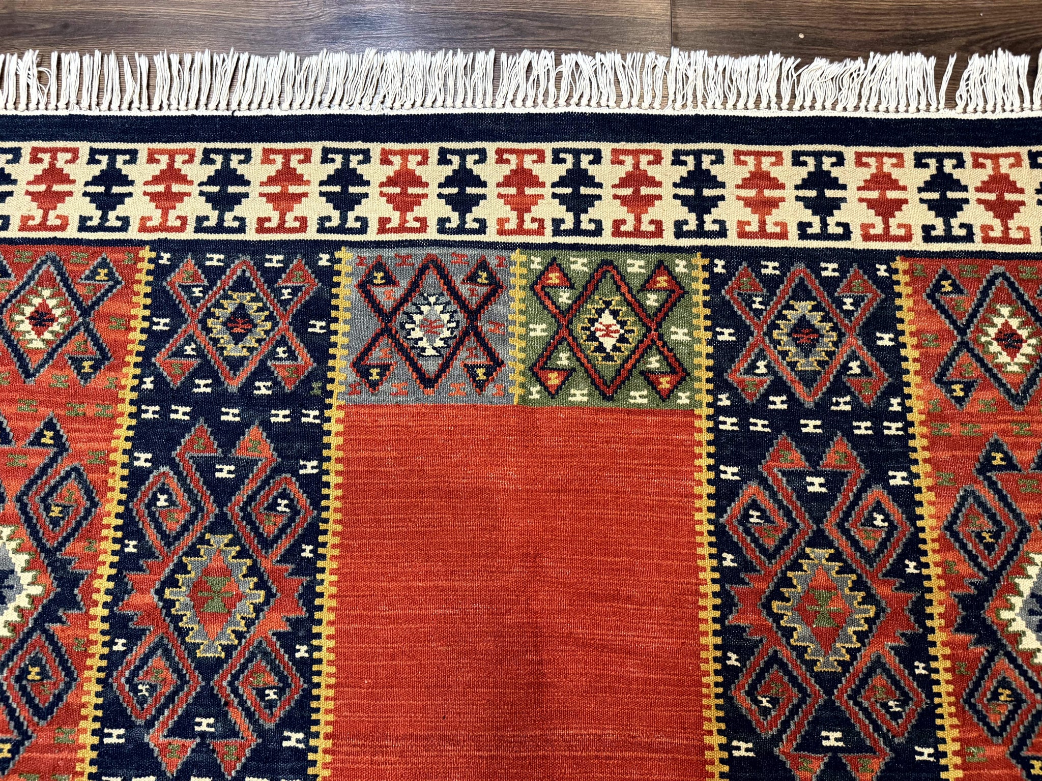 Turkish Kilim Rug 5x8, Flatweave Carpet, Handmade Bohemian Rug, Terracotta and Navy Blue by Jewel Rugs