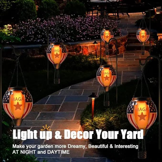 U.S Flag Hot Air Balloon Solar Lantern - MAGA Simulated Flickering Flame Stained Glass Light for Outdoor, Yard Hanging/ Waterproof IP65, Ideal 4th of July Gift for Patriot Veterans Patio Decor by GreenHaven Gardens