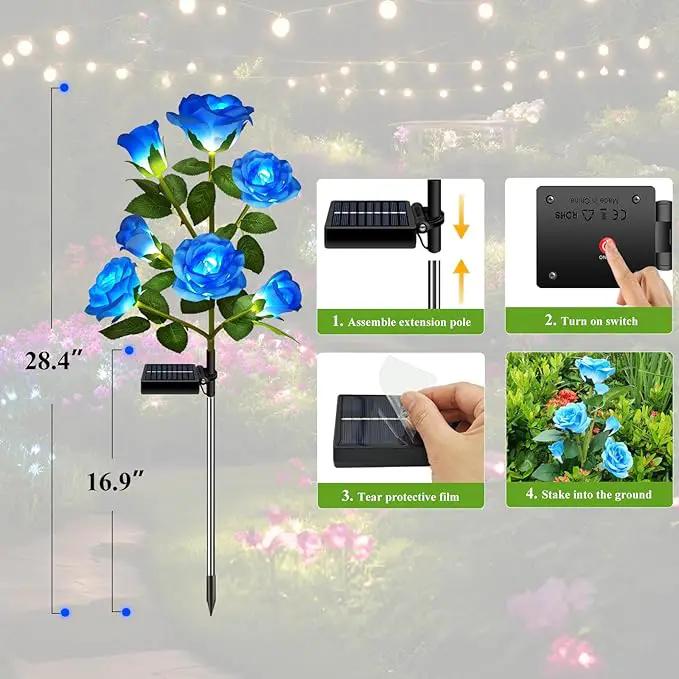 DWH 2 Pack Solar Garden Lights Outdoor, 7-Flower Rose LED Stake Light for Yard Patio Pathway Lawn Fence Cemetery, Blue by GreenHaven Gardens
