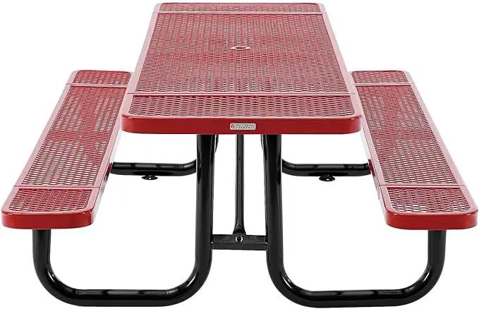 Global Industrial 8’L Rectangular Picnic Table, Expanded Metal, Red Thermoplastic Coating, Attached Benches, 1-1/2” Umbrella Pole Hole, Outdoor-Rated, 1000 lb Capacity, 96” x 30” Tabletop by GreenHaven Gardens