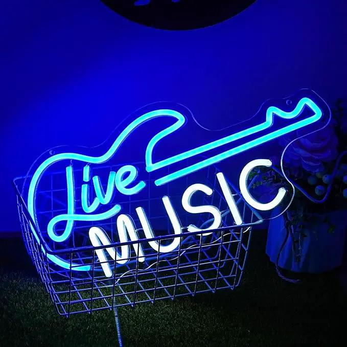 Guitar Neon Sign Blue White Live Music for Wall Decor Dimmable Guitar Led Light up Sign Letter Neon Signs Art Decorative Lights for Music Studio Live Streams Nightclub by GreenHaven Gardens