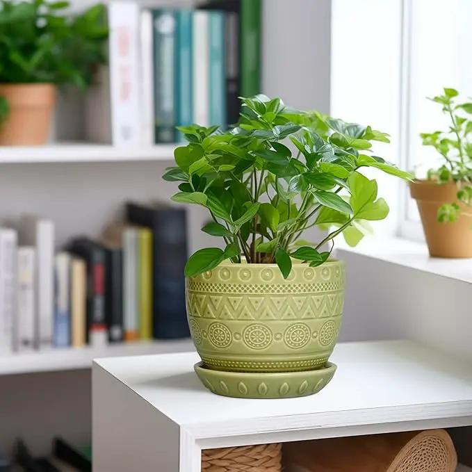 G EPGardening Indoor Plant Pot 5.5 Inch - Ceramic Planter with Drainage Hole and Saucer, Round Boho Plant Pot for Indoor Plants, Plant Lover Gifts, Home Garden Office Decor, Green by GreenHaven Gardens