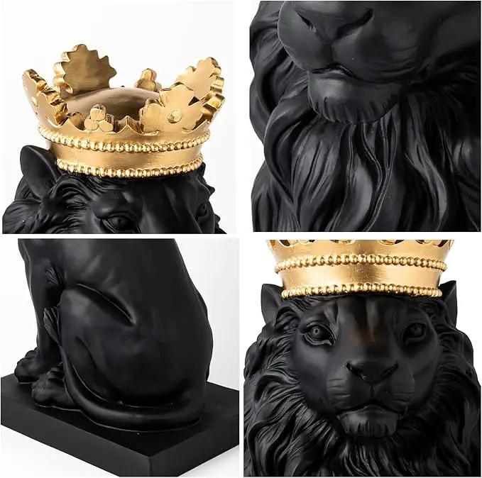 LCdecohome Lion Statue - Outdoor Collectible Figurine, 15 Inch Gold Crown Black Standing Lion Home Decor for Desk & Home Black Decor Gift by GreenHaven Gardens