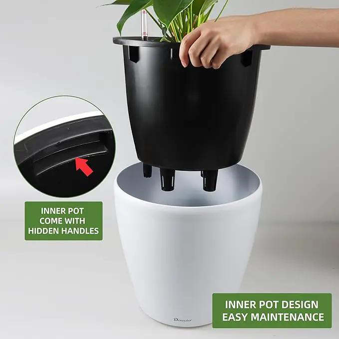 Dexceder 13x12 Self Watering Planter with Wheels Indoor Outdoor, Inner Pot Design, Thickened Large Floor Standing Flower Plant Pot with Water Level Indicator (White Matte) by GreenHaven Gardens