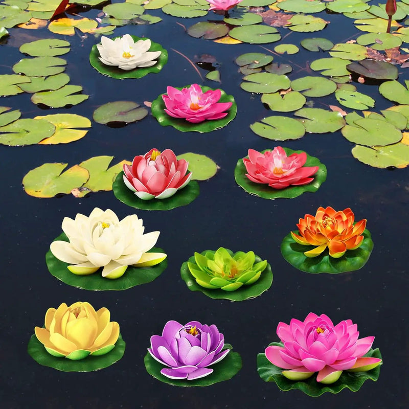 Artificial Lotus Flowers Water Lilies for Pond Pool, 10 Pcs Realistic Floating Foam Lotus Flowers with Lily Pads for Ponds, 4" and 6" Large Lifelike Water Lilies for Fountain Garden Pond Decoration by GreenHaven Gardens