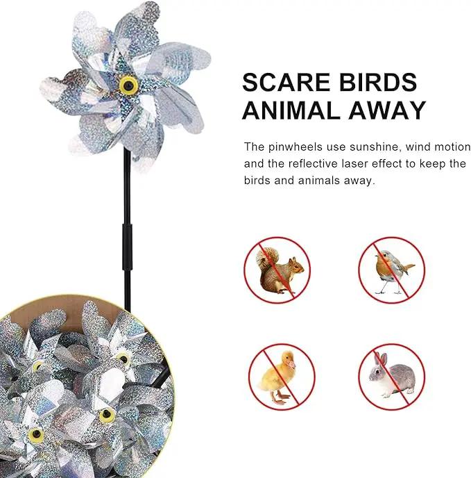 BATTIFE 10 Pack Reflective Pinwheels for Yard and Garden, Pre-Installed Sparkly Silver Blind Birds Pin Wheel, Scare Birds & Animal Away Wind Spinner by GreenHaven Gardens