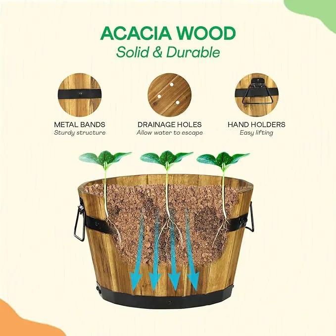 IDZO Set of 3 Wooden Flower Planters for Outdoor Plants, Acacia Wood Barrel Planters, Ergonomic Handles, Drainage Holes, Various Sizes, Golden Teak by GreenHaven Gardens