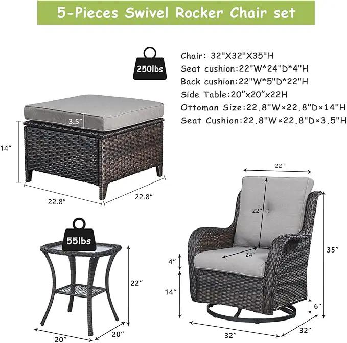 Outdoor Wicker Patio Furniture Set - 5 Pieces Rattan Patio Conversation Set with 2 Rocking Swivel Chairs,2 Ottomans and 1 Side Table for Porch Deck Backyard Garden(Brown/Grey) by GreenHaven Gardens