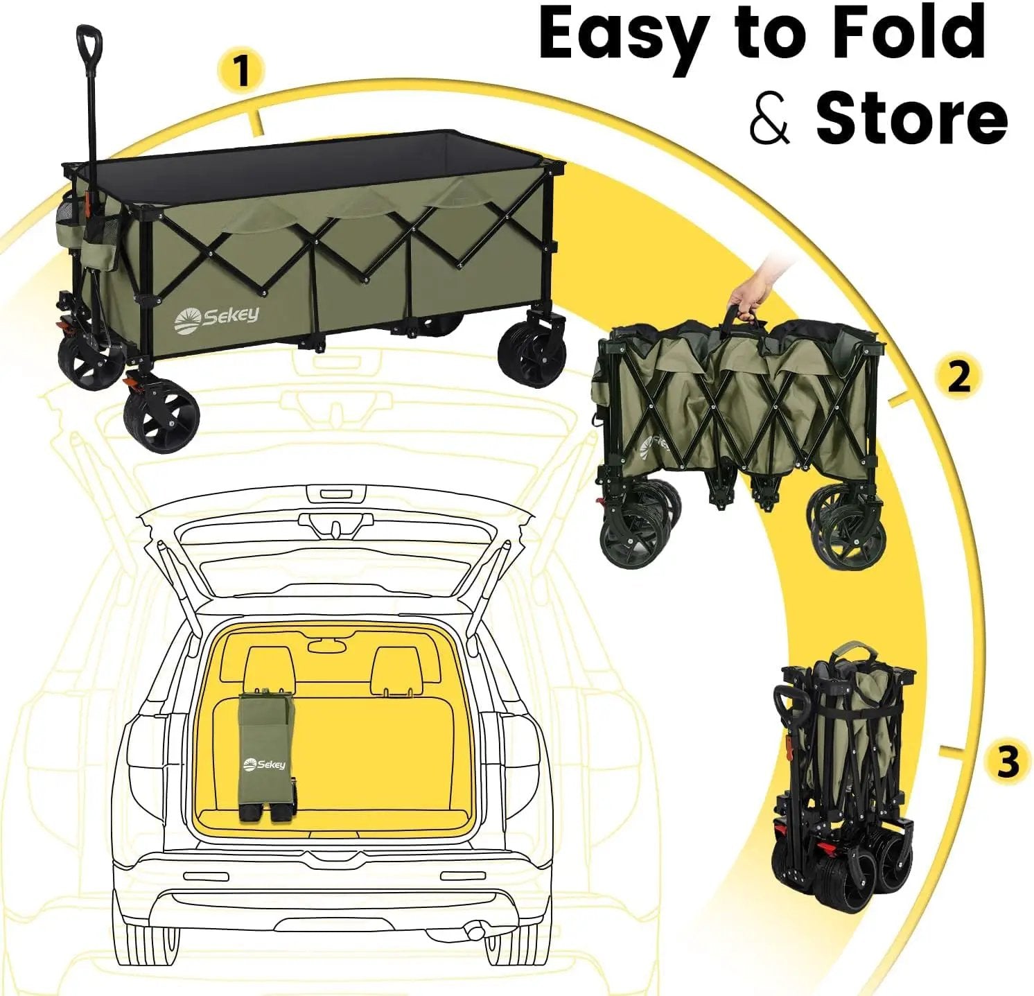 Sekey 48''L Collapsible Foldable Extended Wagon with 440lbs Weight Capacity, Heavy Duty 300L Folding Utility Garden Cart with Big All-Terrain Beach Wheels & Drink Holders. Khaki by GreenHaven Gardens