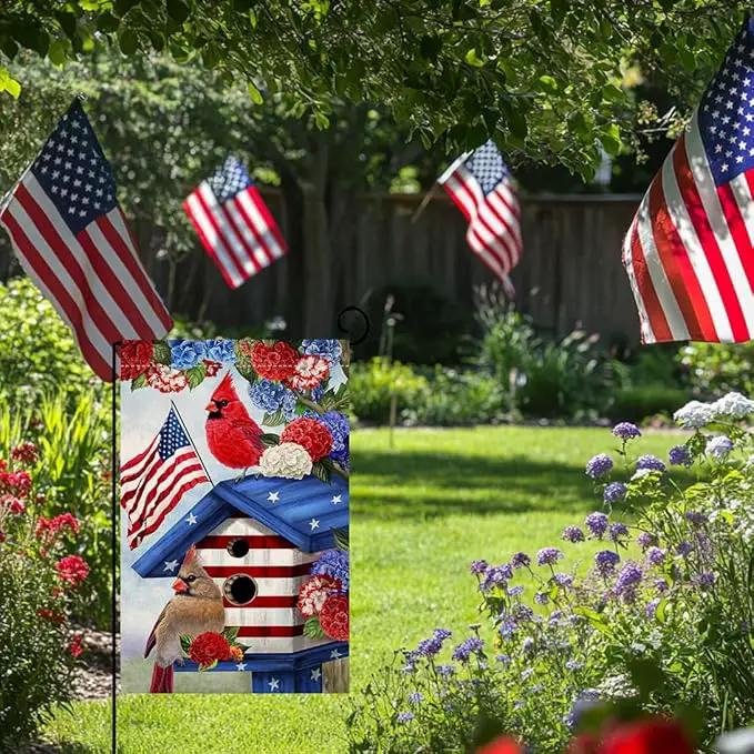 BLKWHT 4th of July Cardinal Bird Garden Flag 12x18 Vertical Double Sided Red Blue Floral Memorial Day Independence Day Holiday Outside Decorations Burlap Yard Flag BW824 by GreenHaven Gardens