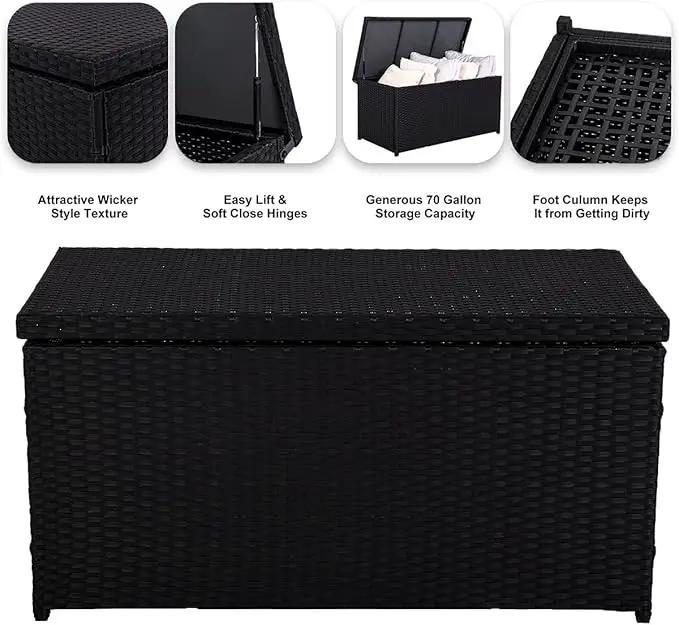 Outdoor 70 Gallon Wicker Storage Box with Waterproof Liner, Patio PE Rattan Storage Container for Outside, Deck Box with Hinged Lid for Cushions, Pillows, Towels, Horizontal Bin, Black by GreenHaven Gardens