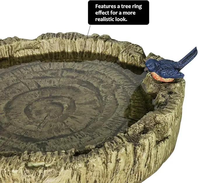 SunJet 24.4 Inch Heigh Wood-Look Concrete Bird Bath with Decorative Faux Bird – birdbath Rustic & Long-Lasting Design, Enhances Garden, Patio, Yard, Lawn Décor by GreenHaven Gardens