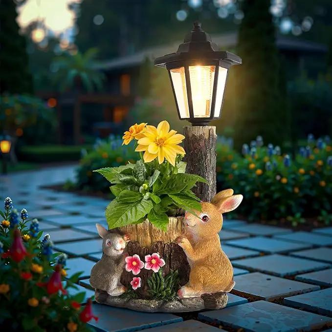 Solar Bunny Garden Stalue Outdoor, Rabbits Figurine Flowerpot Decolwith Solar Lantem for Yard Art Lawn Ornaments Porch Patio Balcony - Gardening Gifts for Women Mom by GreenHaven Gardens