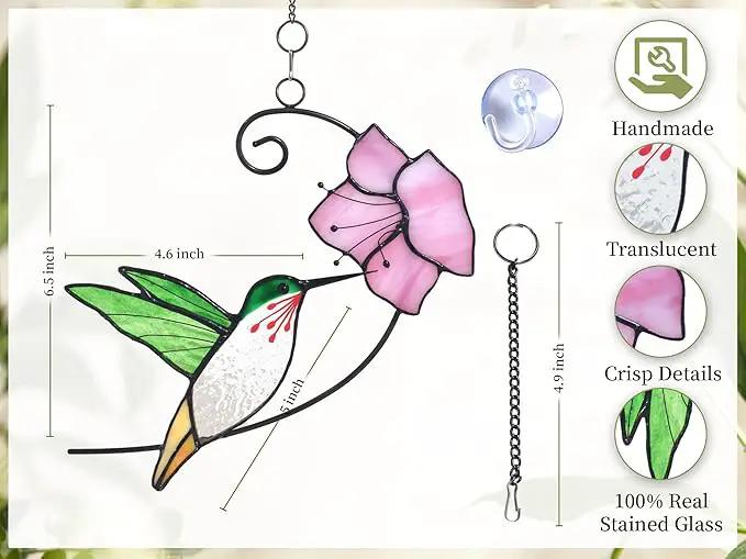 Lolitarcrafts Hummingbird with Flower Stained Glass Suncatcher Bird Stained Glass Window Hangings Hummingbird Gift for Home Decor (Green with Flower) by GreenHaven Gardens