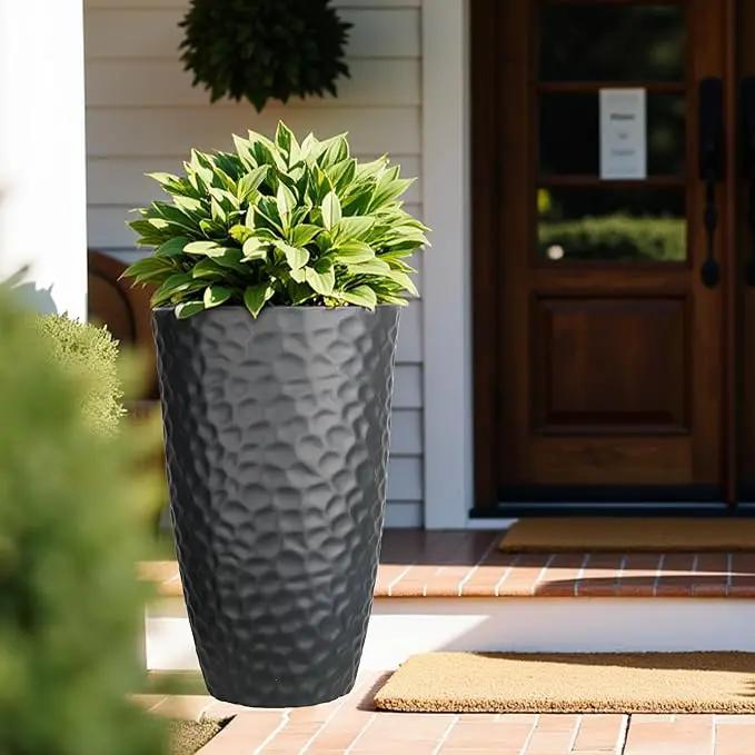 Worth Garden 24" H Tall Hammered Texture Planters Set of 2 - Matte Black Plastic Flower Pot with Drainage Holes, Modern Outdoor Indoor Lightweight Pots for Large Plants, Durable Decor Containers by GreenHaven Gardens