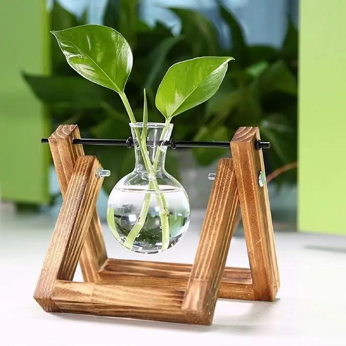 Kingbuy Plant Propagation Station Air Plant Terrarium Bulb Vase with Wooden Swivel Holder Desktop Glass Planter for Indoor Water Plants Home Office Tabletop Decor - 1 Bulb Vase by GreenHaven Gardens
