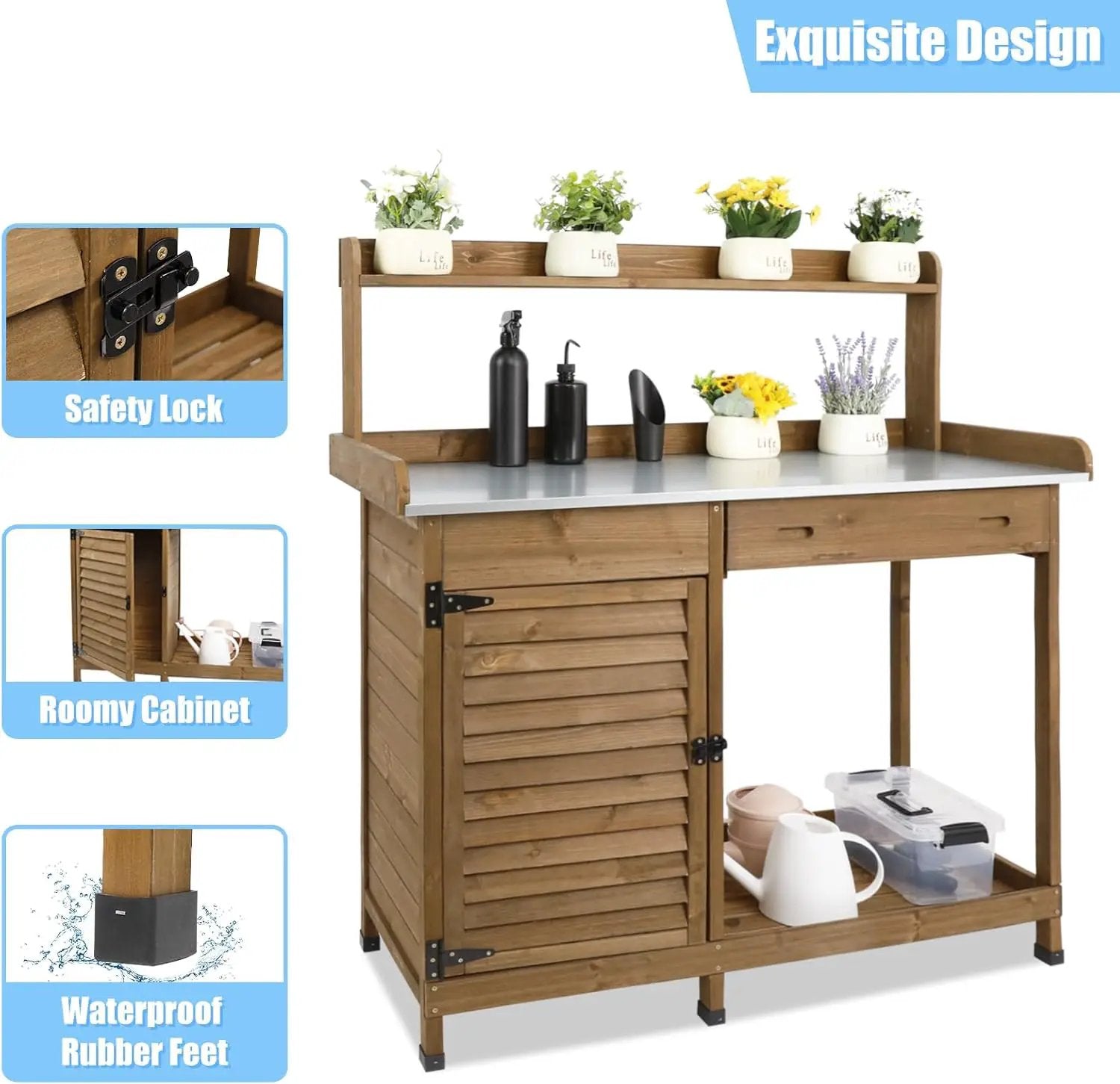 Outdoor Garden Potting Bench Table, 41" L Wooden Potting Table Work Bench for Horticulture, Waterproof Workstation Table with Metal Tabletop/Cabinet/Drawer/Open Shelf (Brown) by GreenHaven Gardens