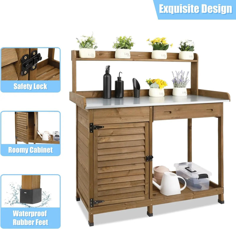 Outdoor Garden Potting Bench Table, 41" L Wooden Potting Table Work Bench for Horticulture, Waterproof Workstation Table with Metal Tabletop/Cabinet/Drawer/Open Shelf (Brown) by GreenHaven Gardens