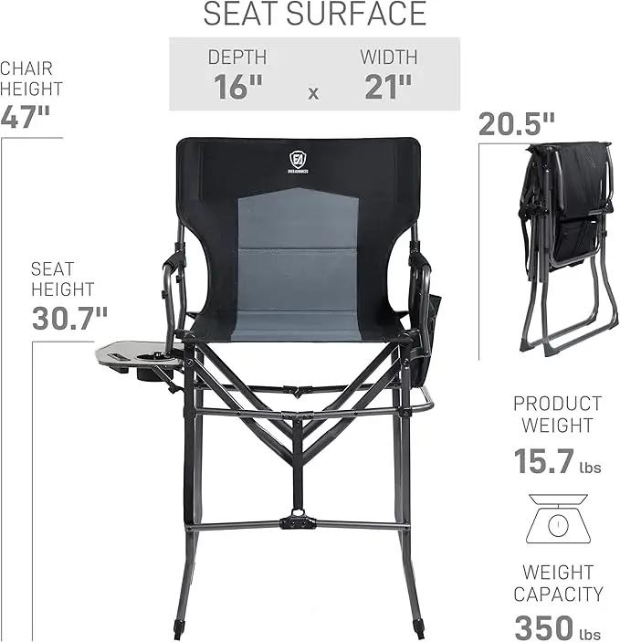 EVER ADVANCED 2 Piece Portable 30.7" Seat Height Tall Folding Camping Chair Directors Chair High with Side Table for Makeup Artist, Sports Event, Craft Show, Supports 350LBS Black Grey by GreenHaven Gardens