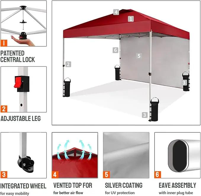 CROWN SHADES 10x10 Pop Up Canopy with 1 Side Wall - Beach Tent with One Push Setup - Outdoor Sun Shade for Events, Parties, Camping - Gazebo with STO-N-Go Cover Bag (Red) by GreenHaven Gardens